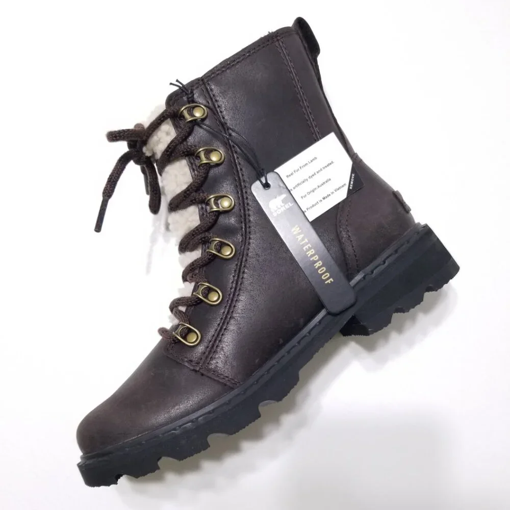 NWOB Sorel Lennox Lace Cozy Waterproof Winter Boots in Blackened Brown Sz 6.5, 7